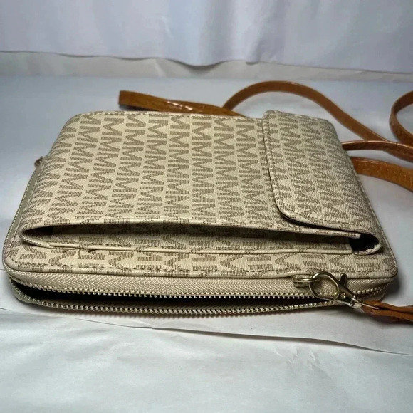 MKF Collection Phone Wallet Crossbody Bag Tan “M” Logo Faux Leather EUC - Picture 12 of 16